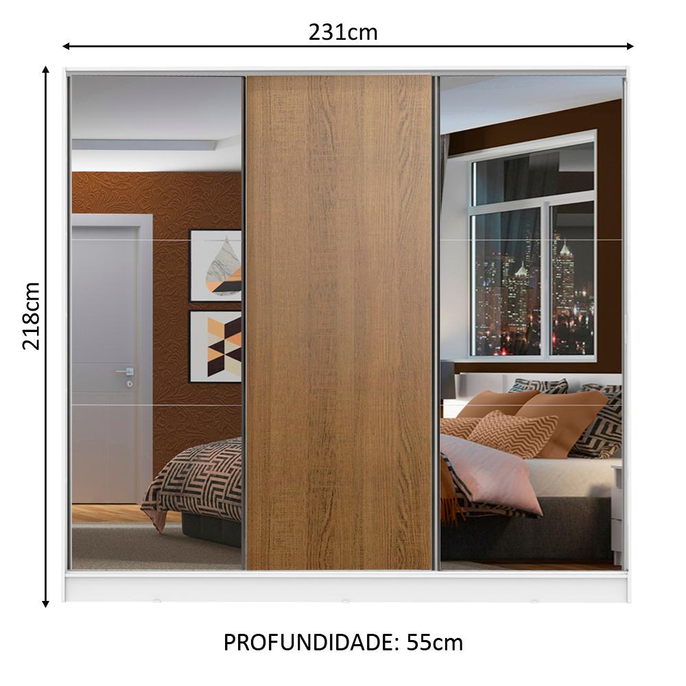 Guarda Roupa Casal 100% MDF Madesa Zurique 3 Portas de Correr com Espelhos - Branco/Rustic