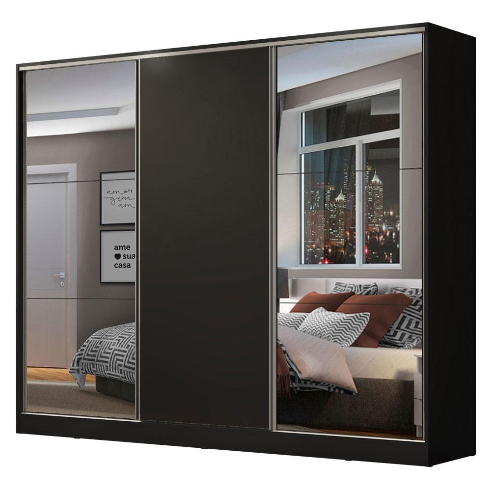 Guarda Roupa Casal 100% MDF Madesa Zurique 3 Portas de Correr com Espelhos - Preto