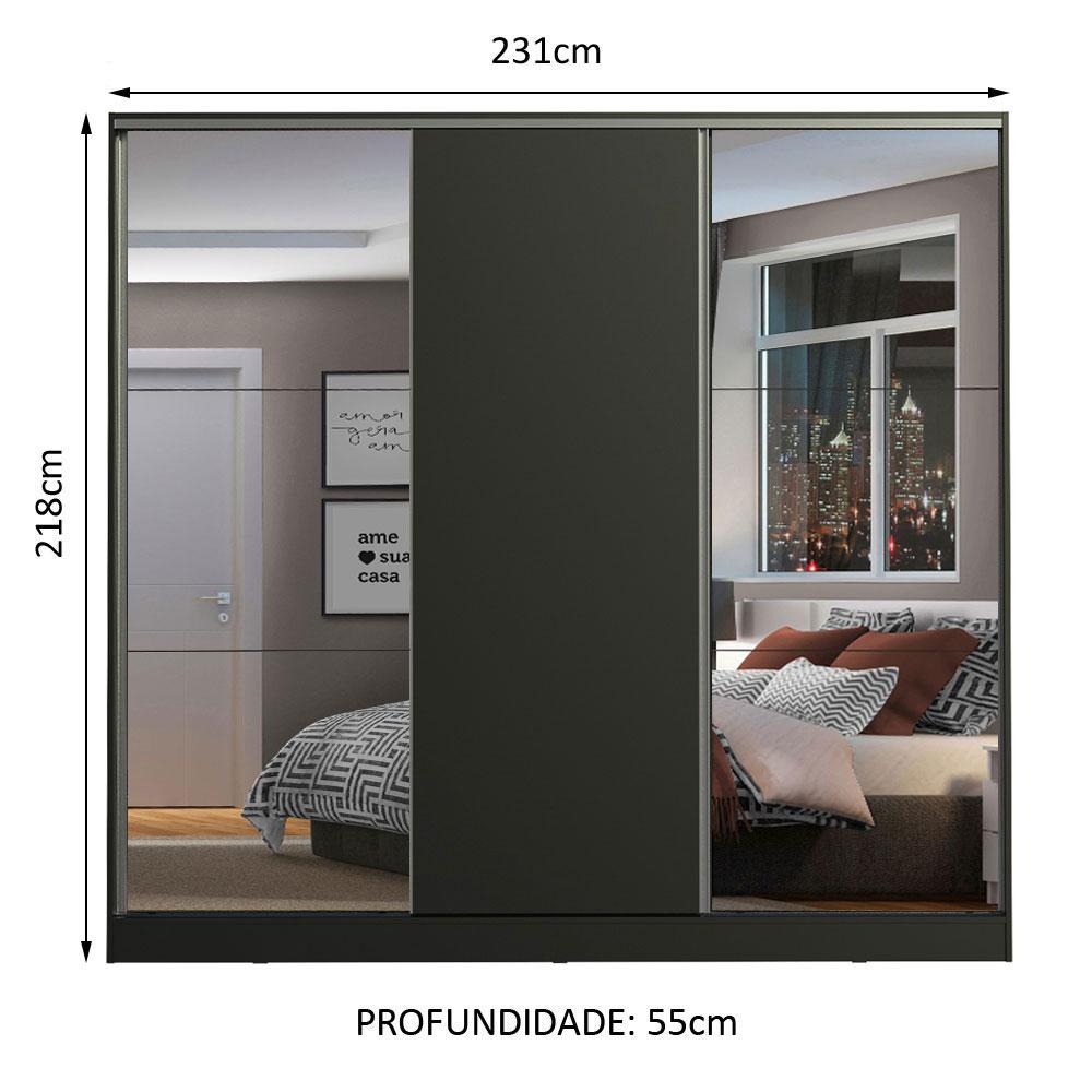 Guarda Roupa Casal 100% MDF Madesa Zurique 3 Portas de Correr com Espelhos - Preto
