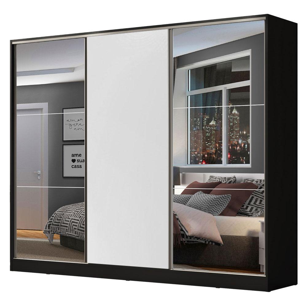 Guarda Roupa Casal 100% MDF Madesa Zurique 3 Portas de Correr com Espelhos - Preto/Branco