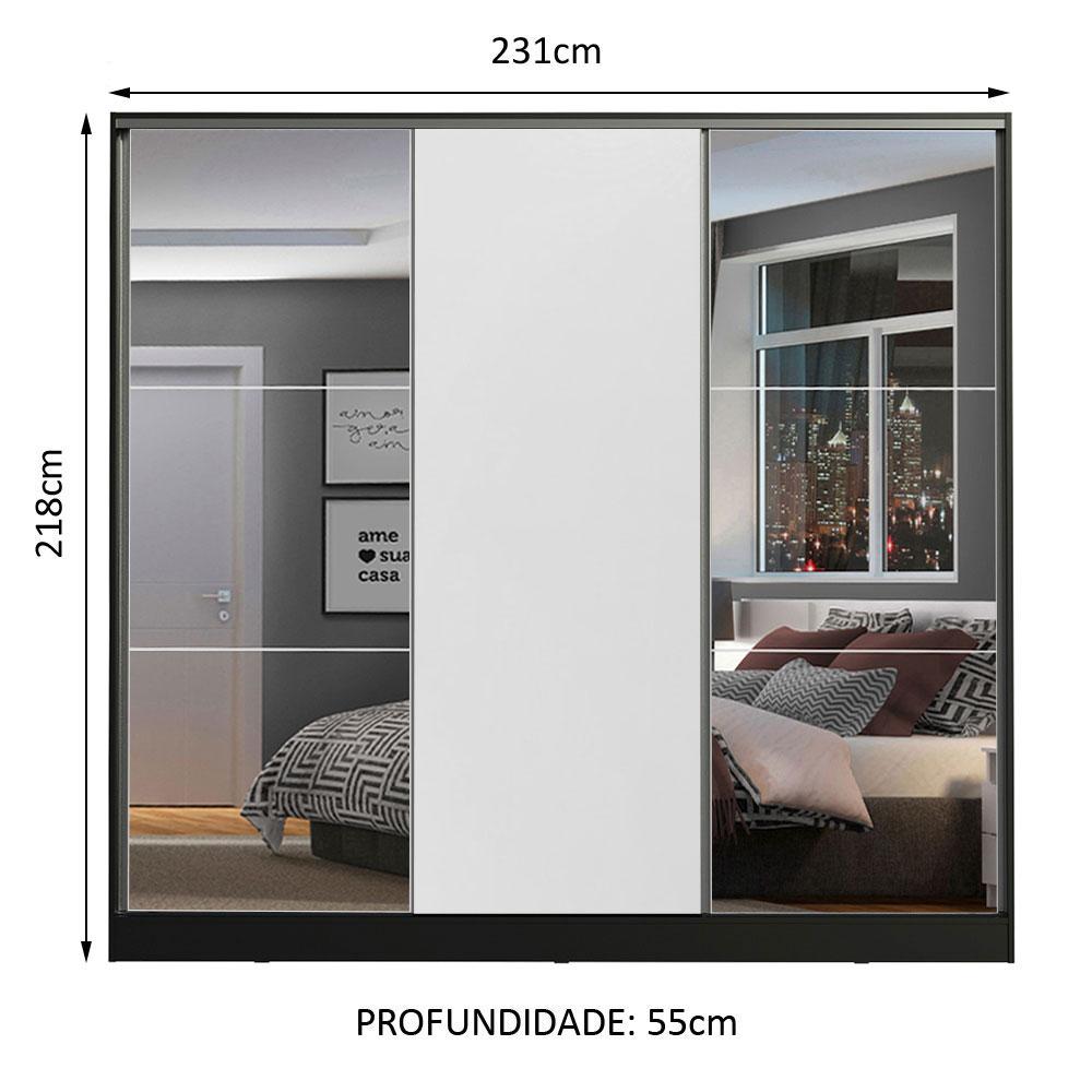 Guarda Roupa Casal 100% MDF Madesa Zurique 3 Portas de Correr com Espelhos - Preto/Branco