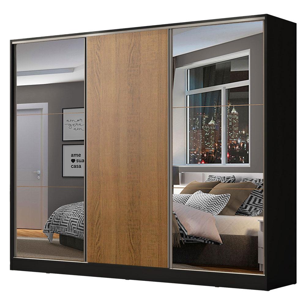 Guarda Roupa Casal 100% MDF Madesa Zurique 3 Portas de Correr com Espelhos - Preto/Rustic