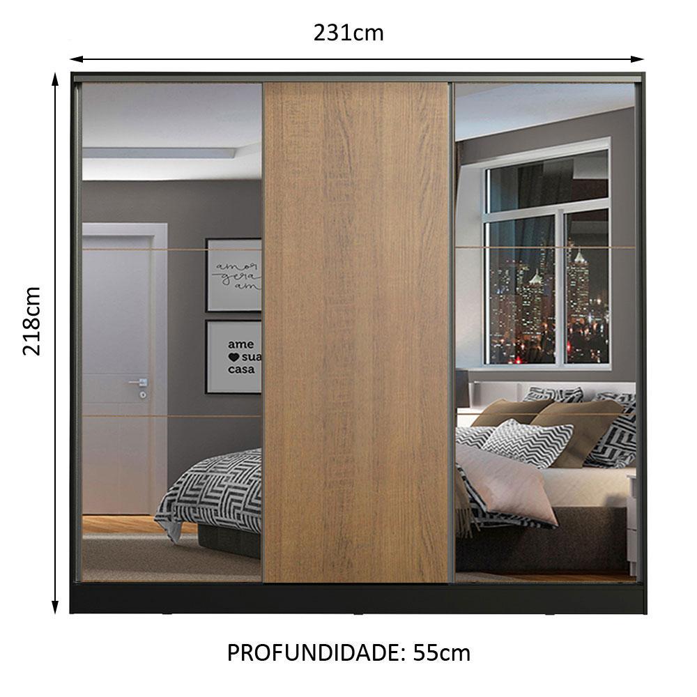 Guarda Roupa Casal 100% MDF Madesa Zurique 3 Portas de Correr com Espelhos - Preto/Rustic
