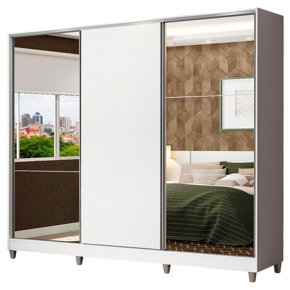 Guarda Roupa Casal 100% MDF Madesa Zurique 3 Portas de Correr com Espelhos com Pés - Branco