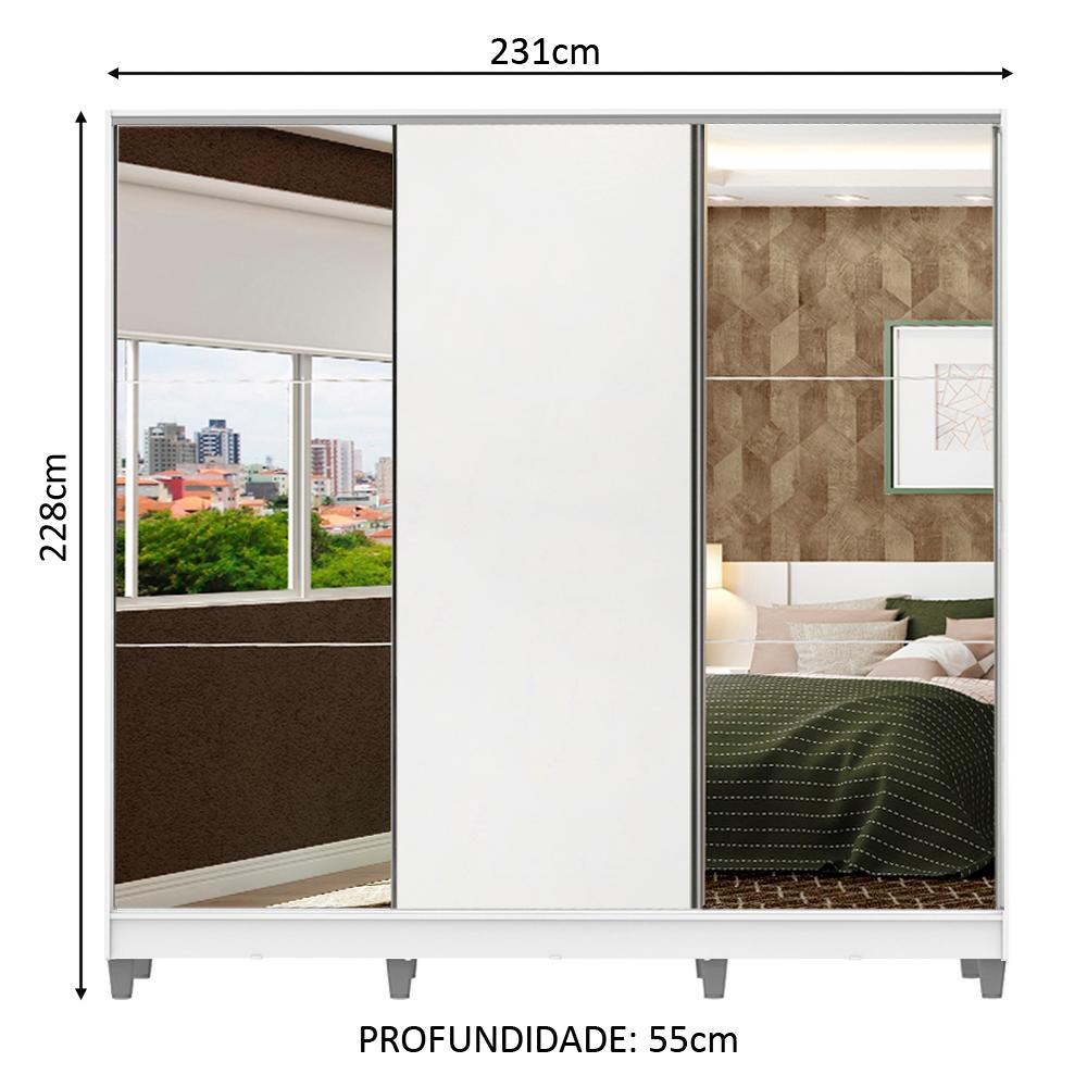 Guarda Roupa Casal 100% MDF Madesa Zurique 3 Portas de Correr com Espelhos com Pés - Branco