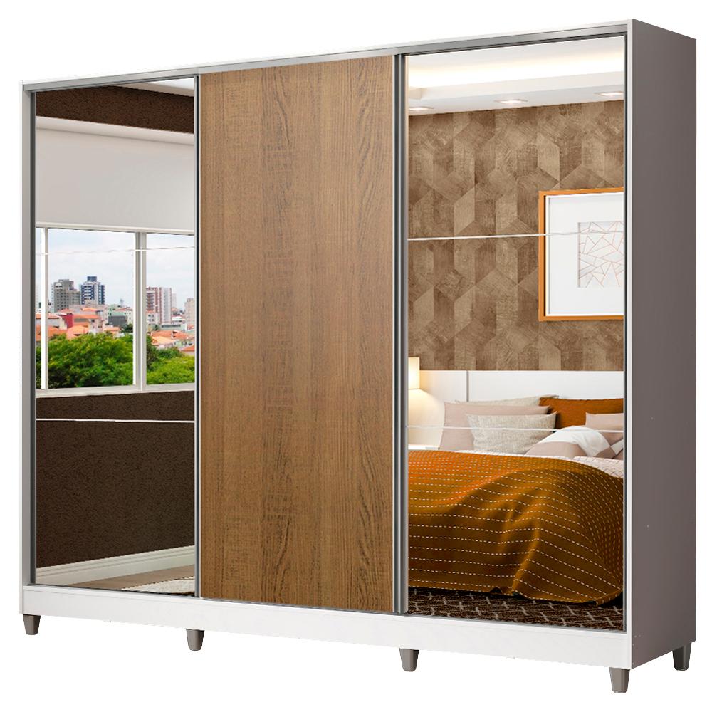 Guarda Roupa Casal 100% MDF Madesa Zurique 3 Portas de Correr com Espelhos com Pés - Branco/Rustic