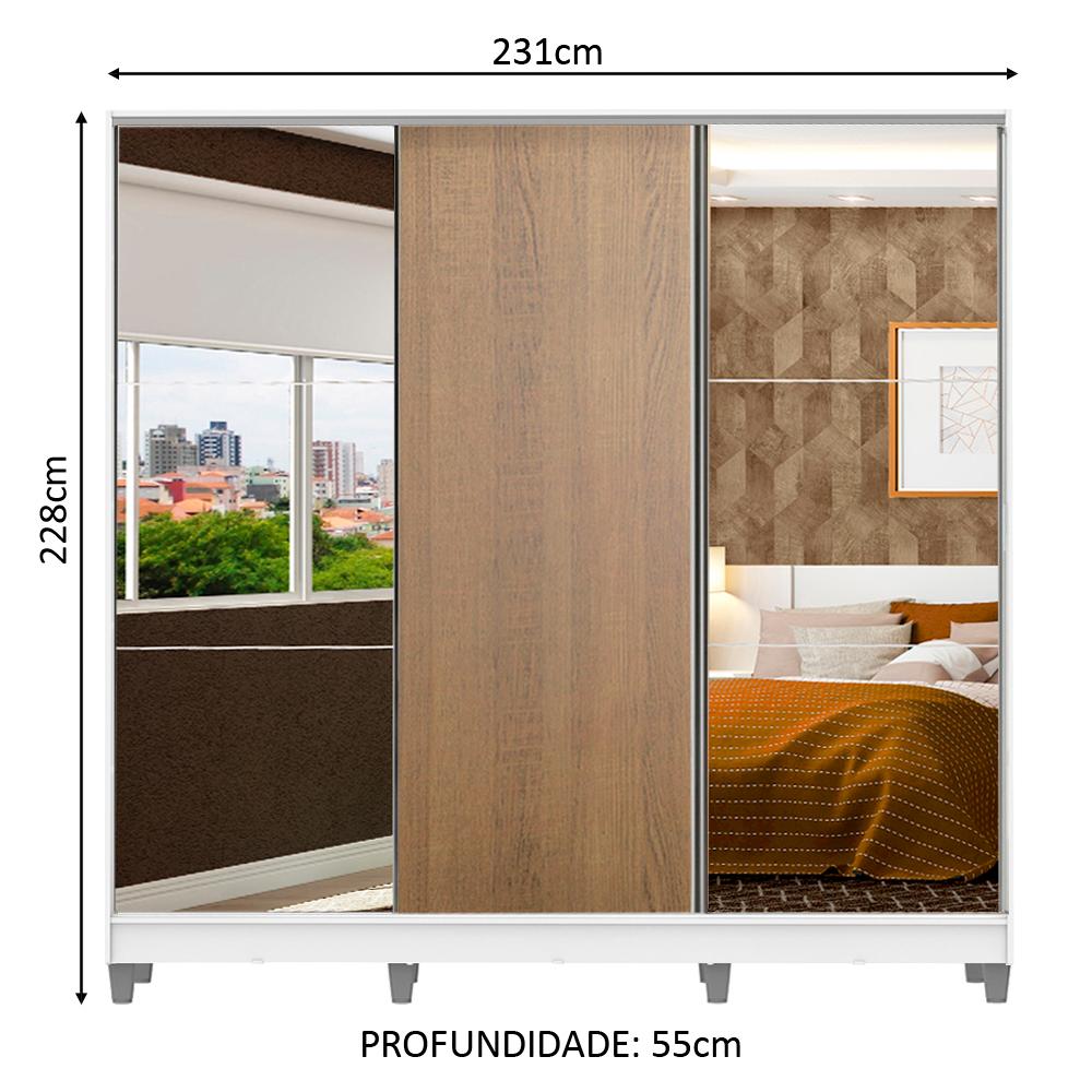 Guarda Roupa Casal 100% MDF Madesa Zurique 3 Portas de Correr com Espelhos com Pés - Branco/Rustic