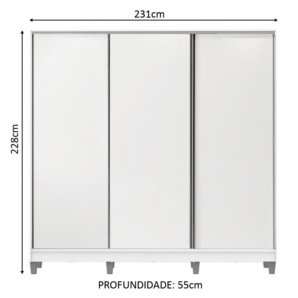 Guarda Roupa Casal 100% MDF Madesa Zurique 3 Portas de Correr com Pés - Branco