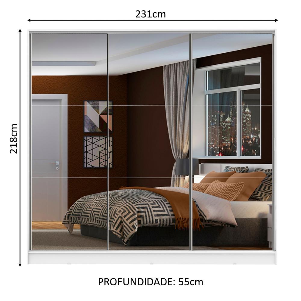 Guarda Roupa Casal 100% MDF Madesa Zurique 3 Portas de Correr de Espelho - Branco