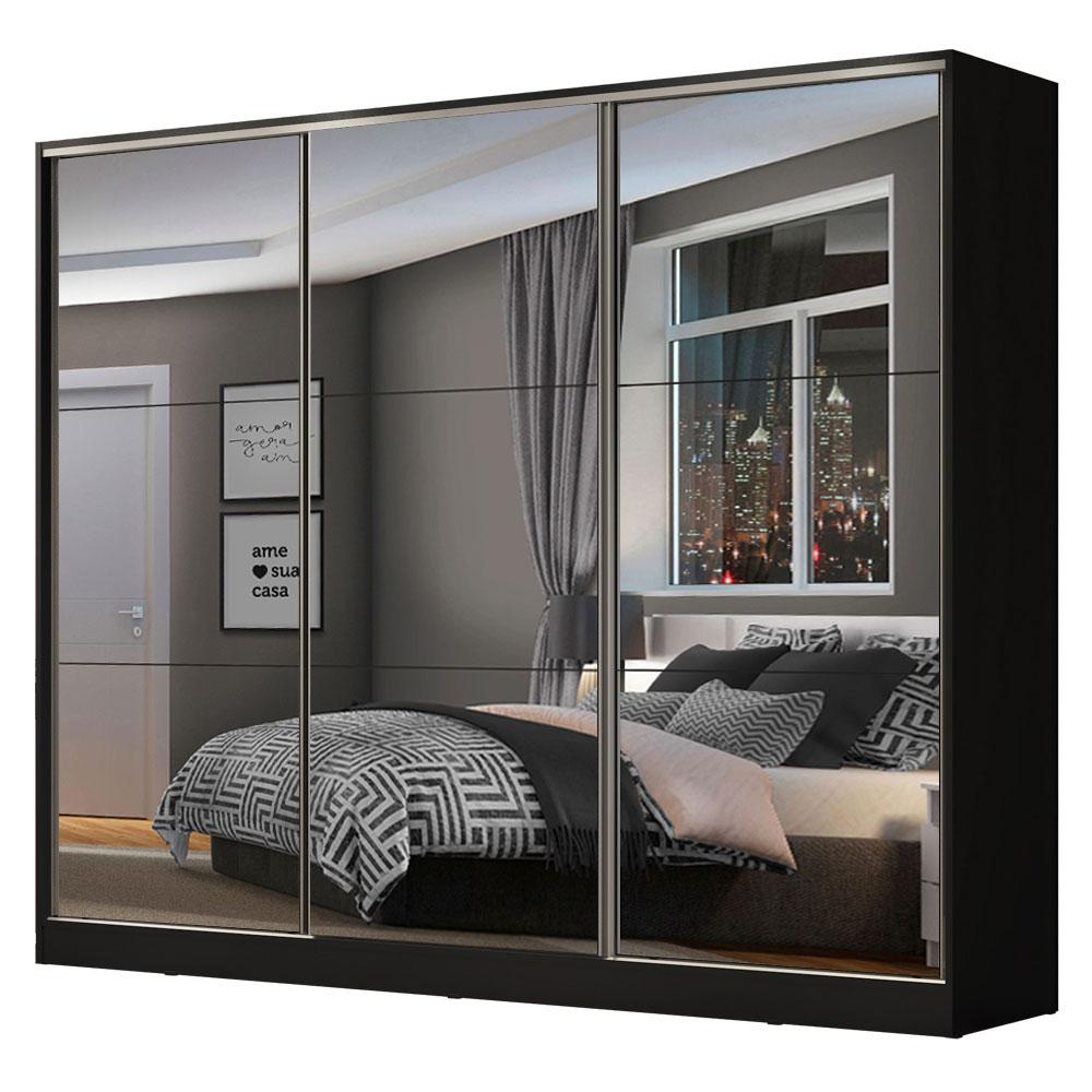 Guarda Roupa Casal 100% MDF Madesa Zurique 3 Portas de Correr de Espelho - Preto