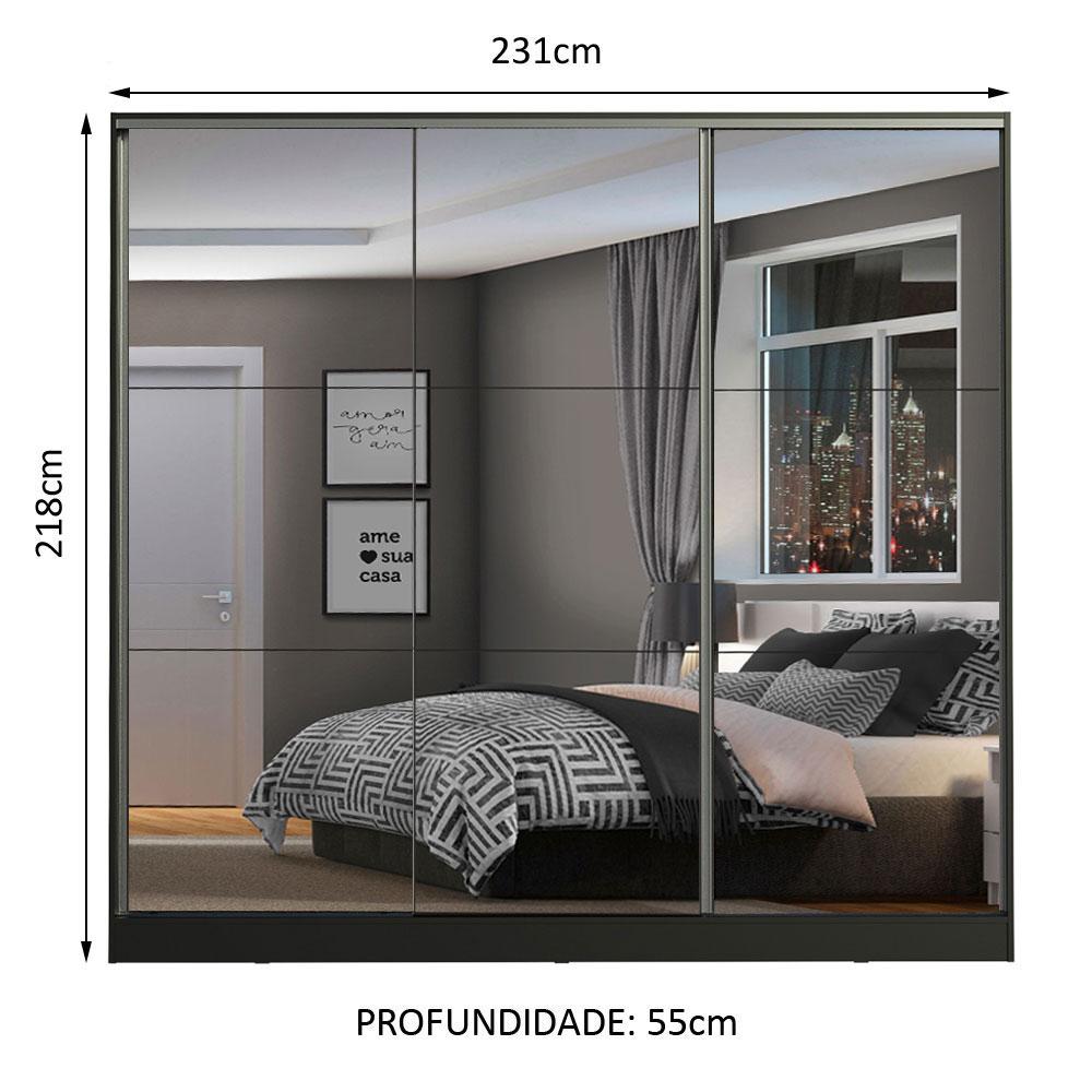 Guarda Roupa Casal 100% MDF Madesa Zurique 3 Portas de Correr de Espelho - Preto