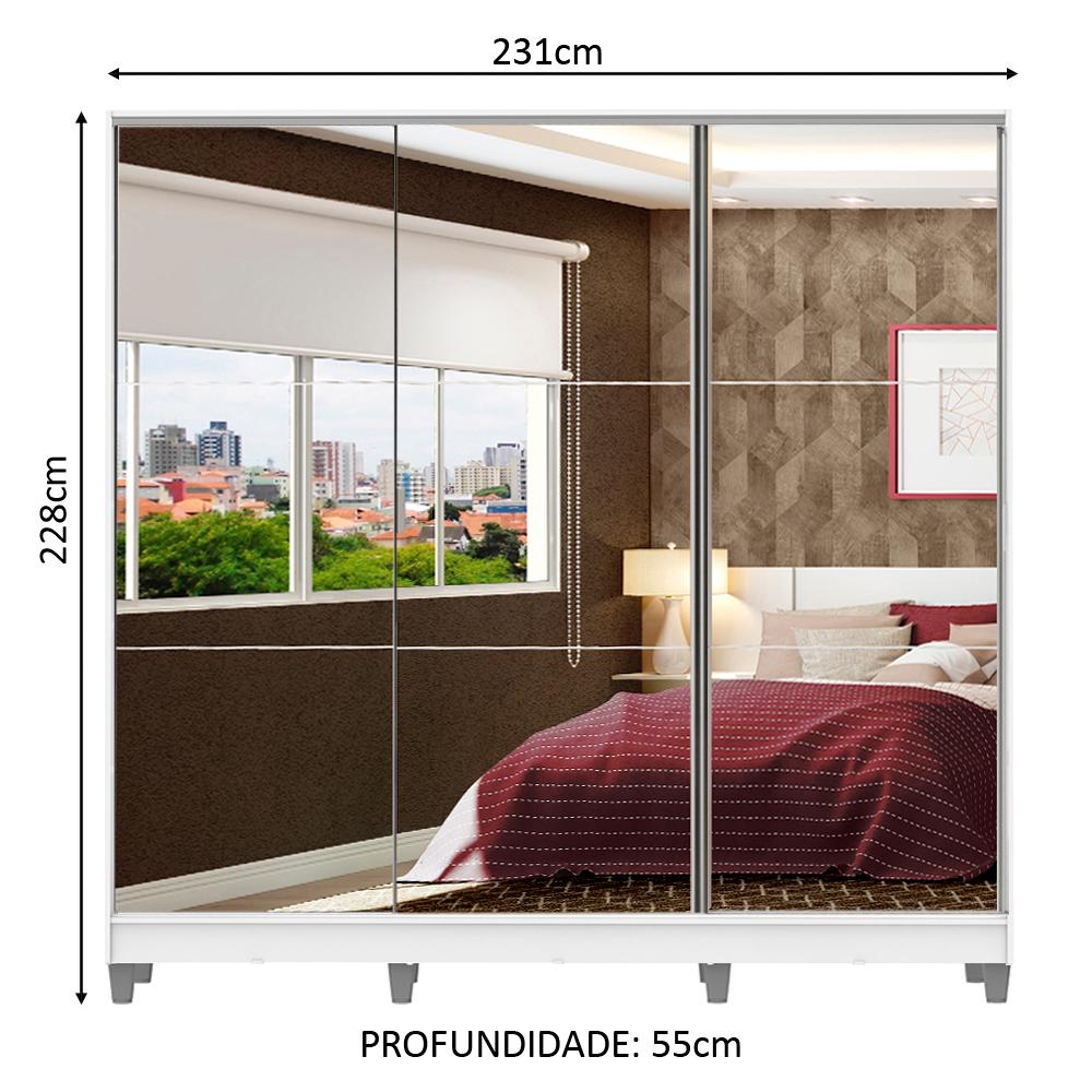 Guarda Roupa Casal 100% MDF Madesa Zurique 3 Portas de Correr de Espelho com Pés - Branco
