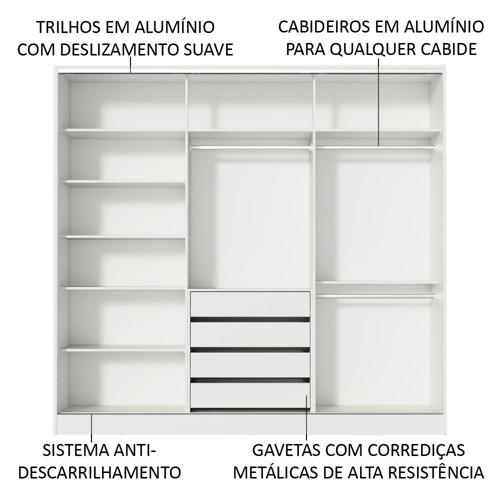 Guarda Roupa Casal 100% MDF com Espelho Madesa Royale 3 Portas de Correr