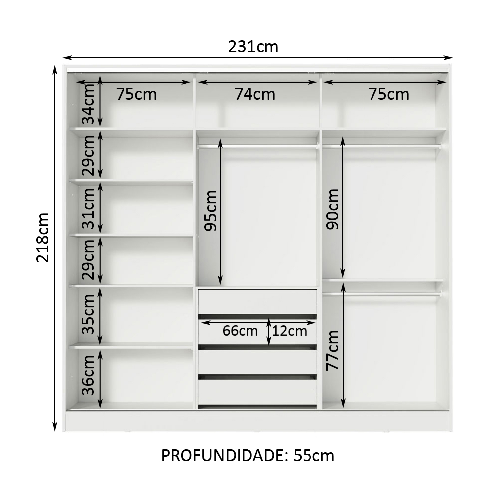 Guarda Roupa Casal 100% MDF com Espelho Madesa Royale 3 Portas de Correr