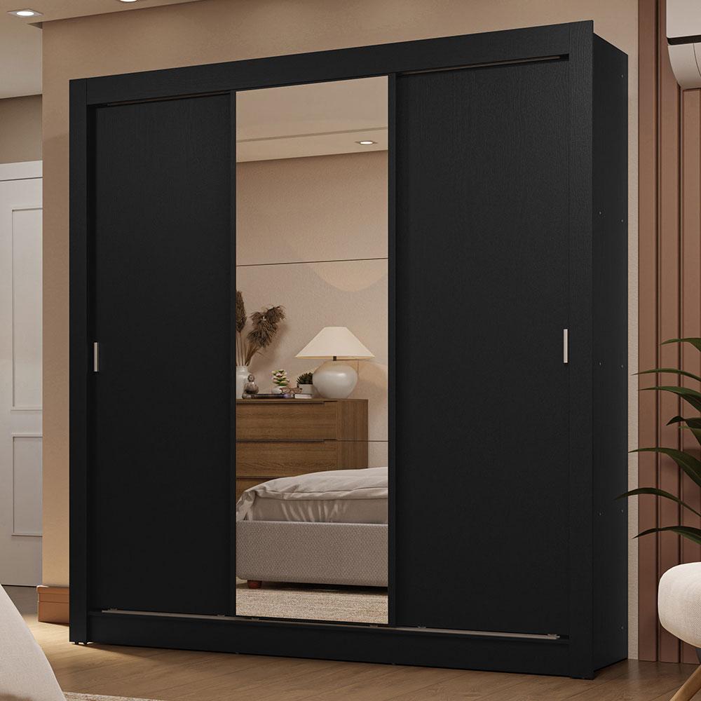Guarda-Roupa Casal 3 Portas de Correr com Espelho 2 Gavetas Preto Sublime Madesa