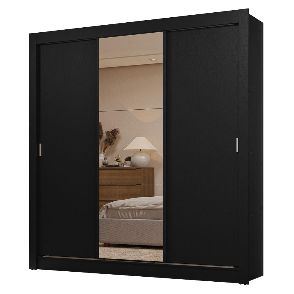 Guarda-Roupa Casal 3 Portas de Correr com Espelho 2 Gavetas Preto Sublime Madesa