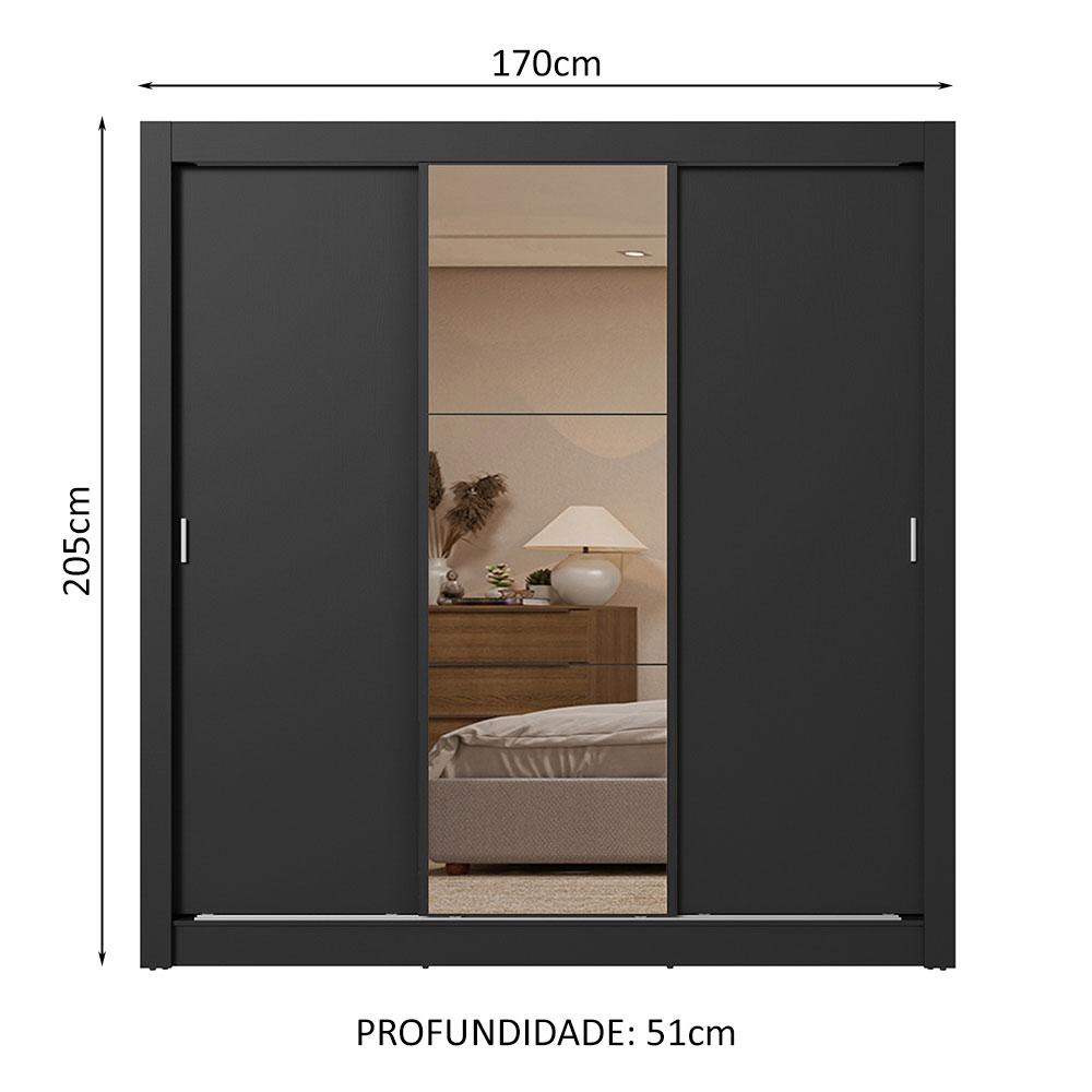 Guarda-Roupa Casal 3 Portas de Correr com Espelho 2 Gavetas Preto Sublime Madesa