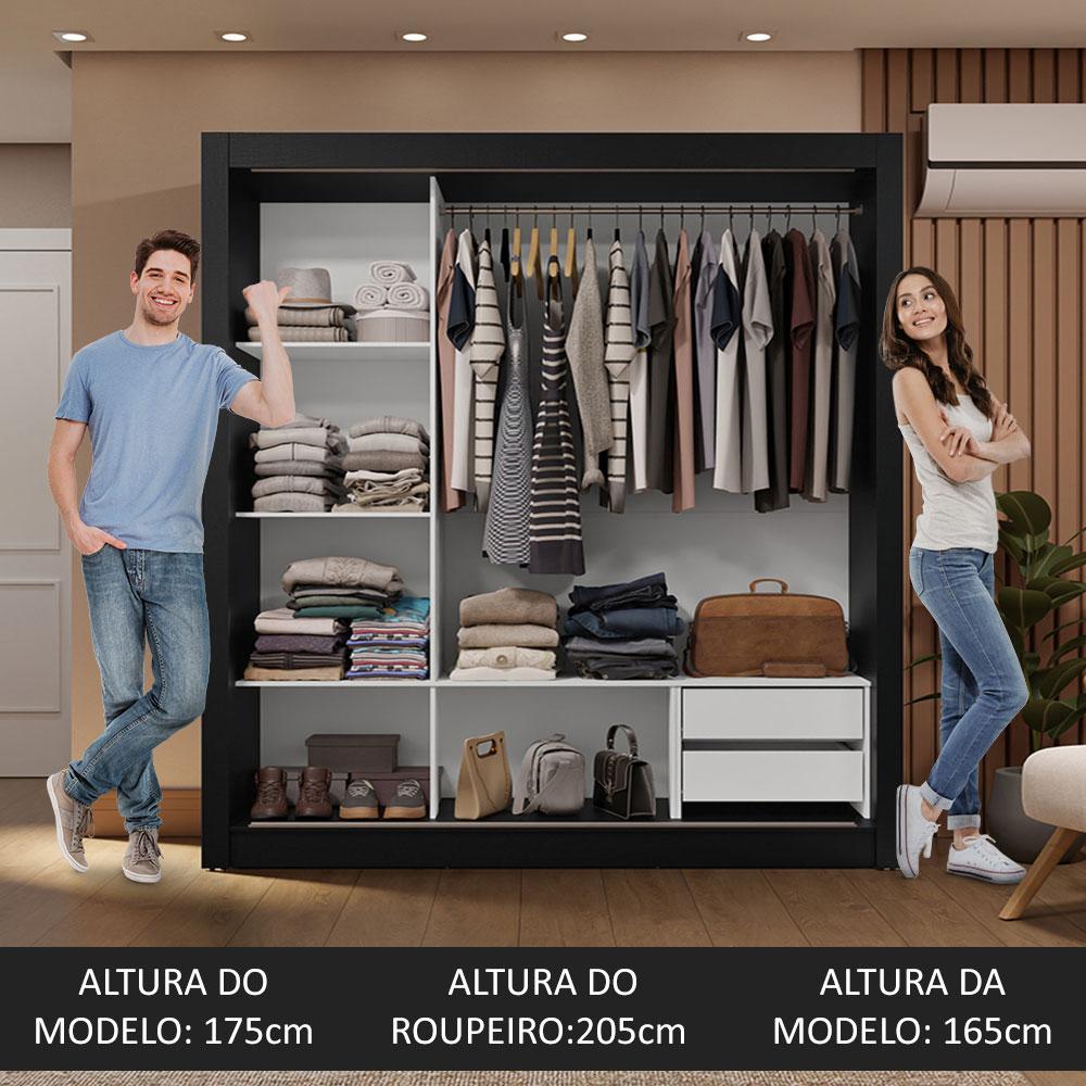 Guarda-Roupa Casal 3 Portas de Correr com Espelho 2 Gavetas Preto/Branco Sublime Madesa