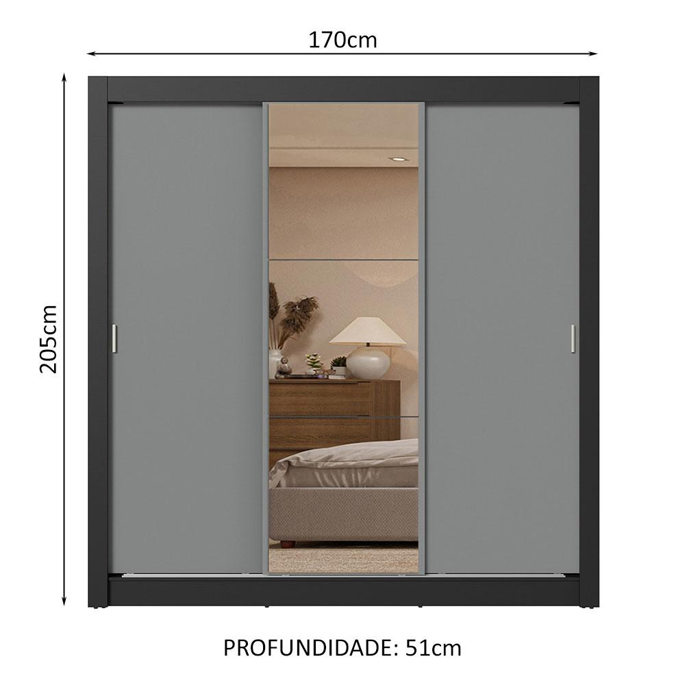 Guarda-Roupa Casal 3 Portas de Correr com Espelho 2 Gavetas Preto/Cinza Sublime Madesa