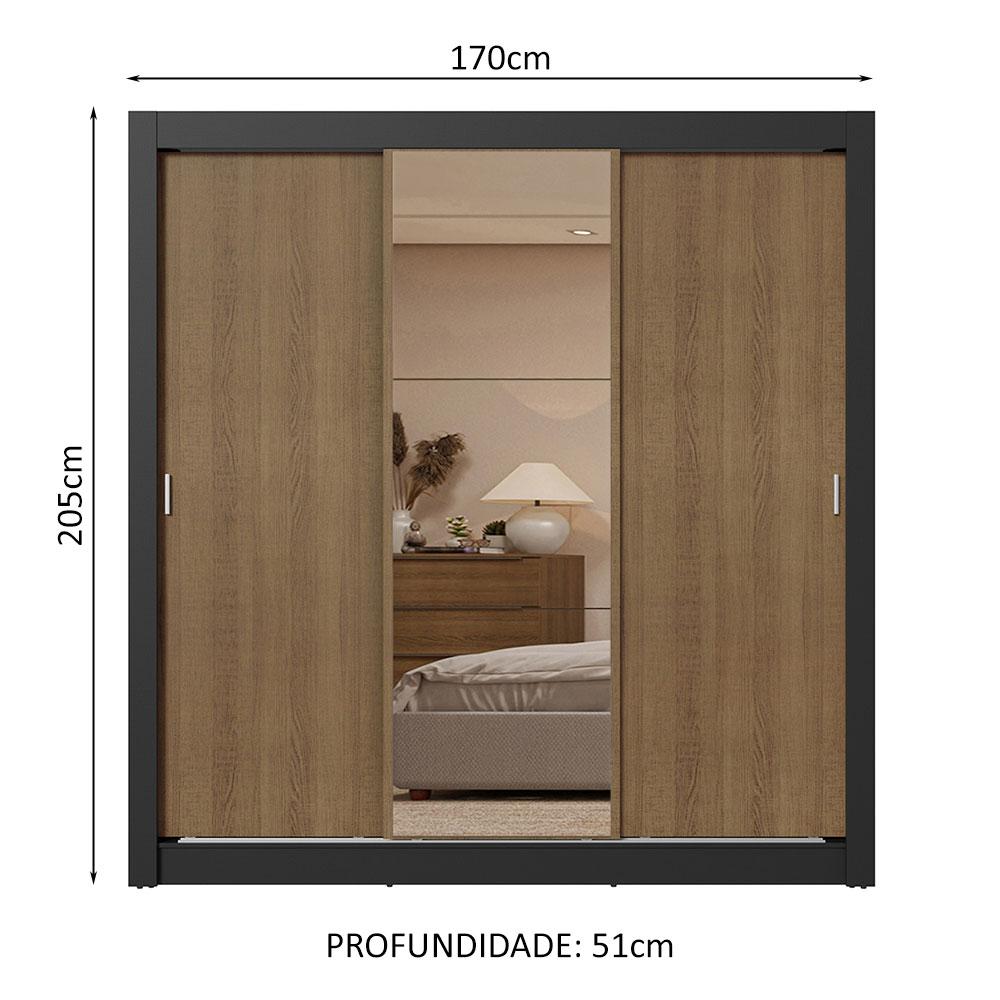 Guarda-Roupa Casal 3 Portas de Correr com Espelho 2 Gavetas Preto/Rustic Sublime Madesa