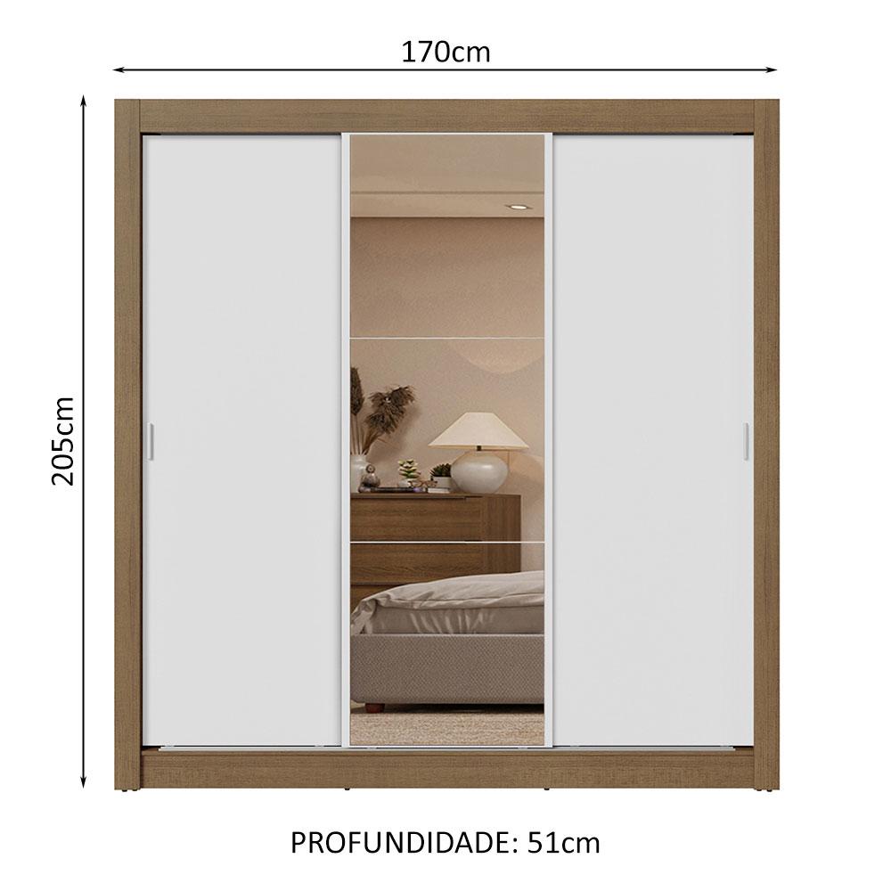 Guarda-Roupa Casal 3 Portas de Correr com Espelho 2 Gavetas Rustic/Branco Sublime Madesa