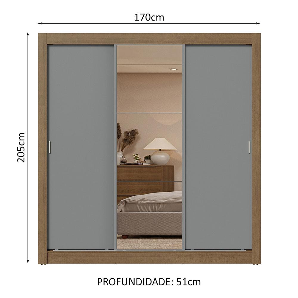 Guarda-Roupa Casal 3 Portas de Correr com Espelho 2 Gavetas Rustic/Cinza Sublime Madesa