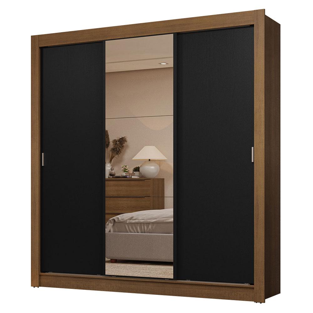 Guarda-Roupa Casal 3 Portas de Correr com Espelho 2 Gavetas Rustic/Preto Sublime Madesa