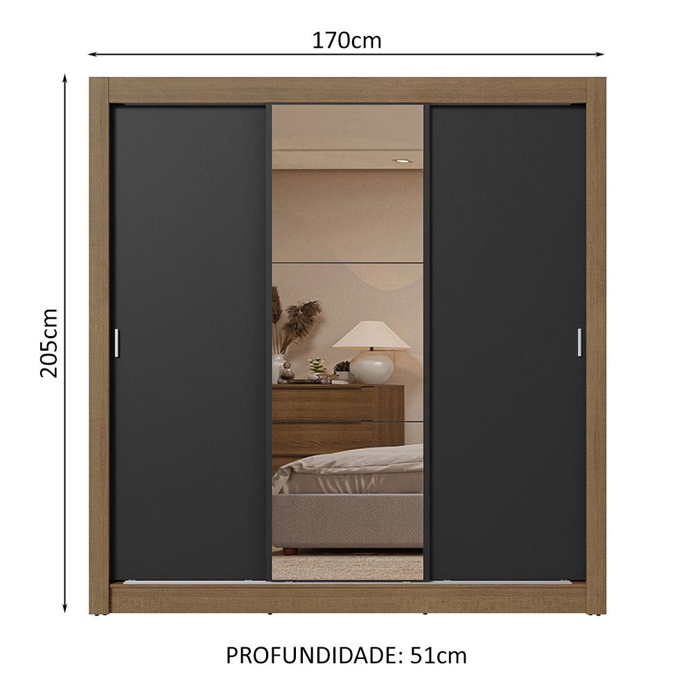 Guarda-Roupa Casal 3 Portas de Correr com Espelho 2 Gavetas Rustic/Preto Sublime Madesa