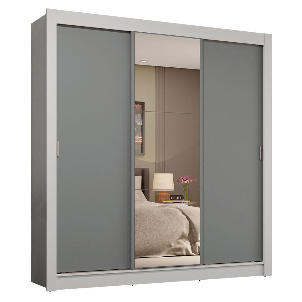 Guarda-Roupa Casal 3 Portas de Correr com Espelho 4 Gavetas Branco/Cinza Sublime Plus Madesa
