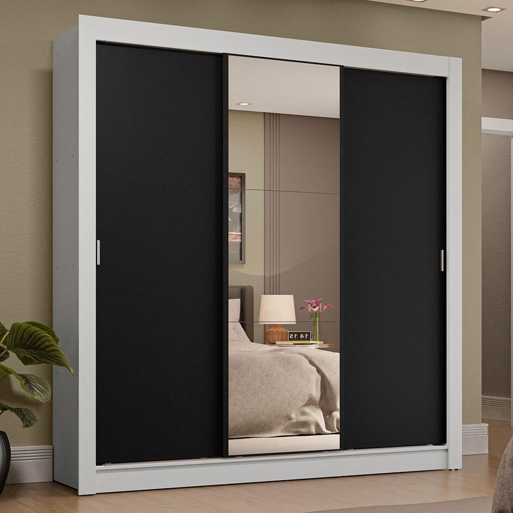 Guarda-Roupa Casal 3 Portas de Correr com Espelho 4 Gavetas Branco/Preto Sublime Plus Madesa
