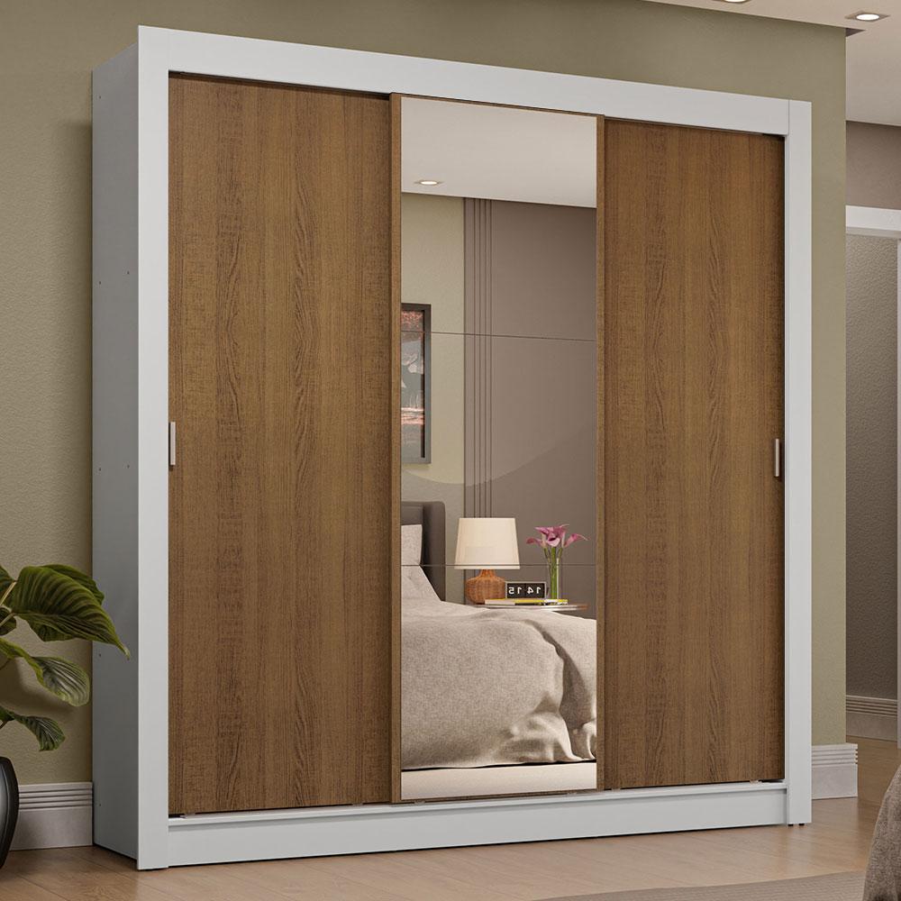 Guarda-Roupa Casal 3 Portas de Correr com Espelho 4 Gavetas Branco/Rustic Sublime Plus Madesa