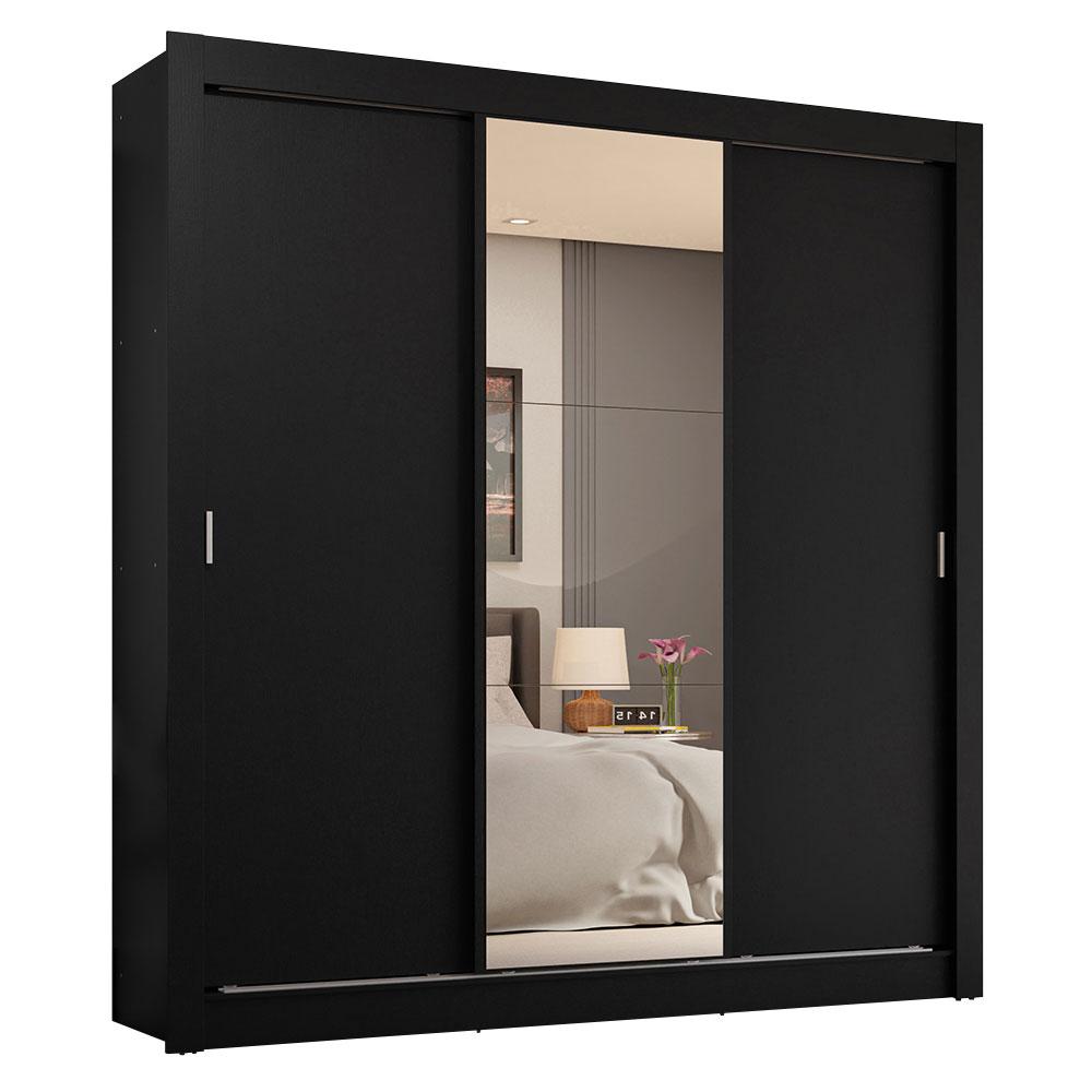 Guarda-Roupa Casal 3 Portas de Correr com Espelho 4 Gavetas Preto Sublime Plus Madesa