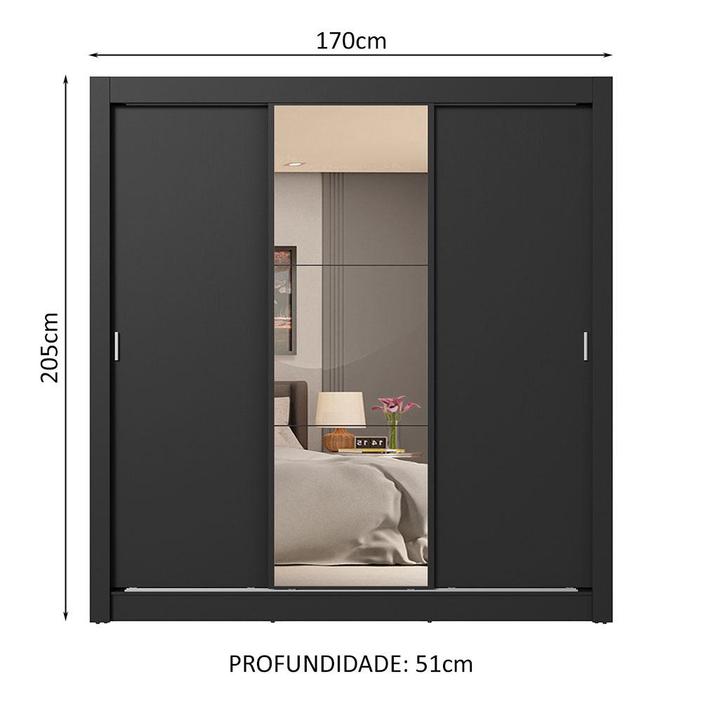 Guarda-Roupa Casal 3 Portas de Correr com Espelho 4 Gavetas Preto Sublime Plus Madesa