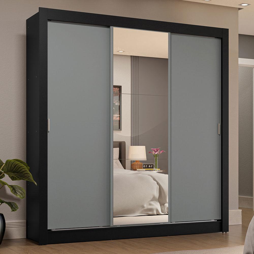Guarda-Roupa Casal 3 Portas de Correr com Espelho 4 Gavetas Preto/Cinza Sublime Plus Madesa