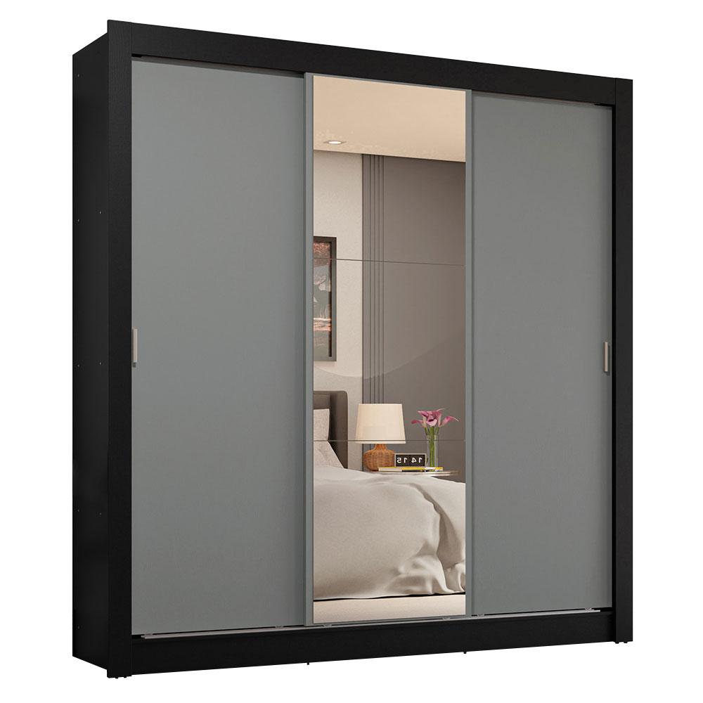 Guarda-Roupa Casal 3 Portas de Correr com Espelho 4 Gavetas Preto/Cinza Sublime Plus Madesa