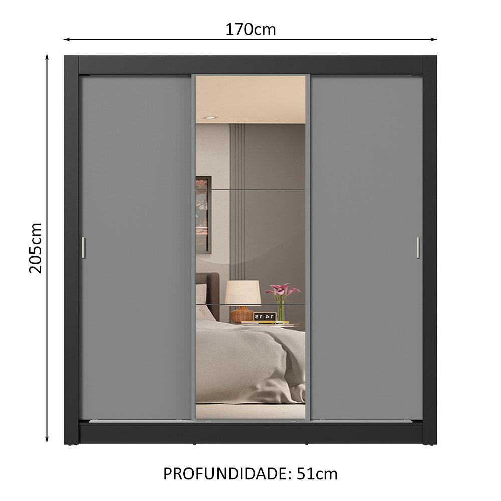 Guarda-Roupa Casal 3 Portas de Correr com Espelho 4 Gavetas Preto/Cinza Sublime Plus Madesa