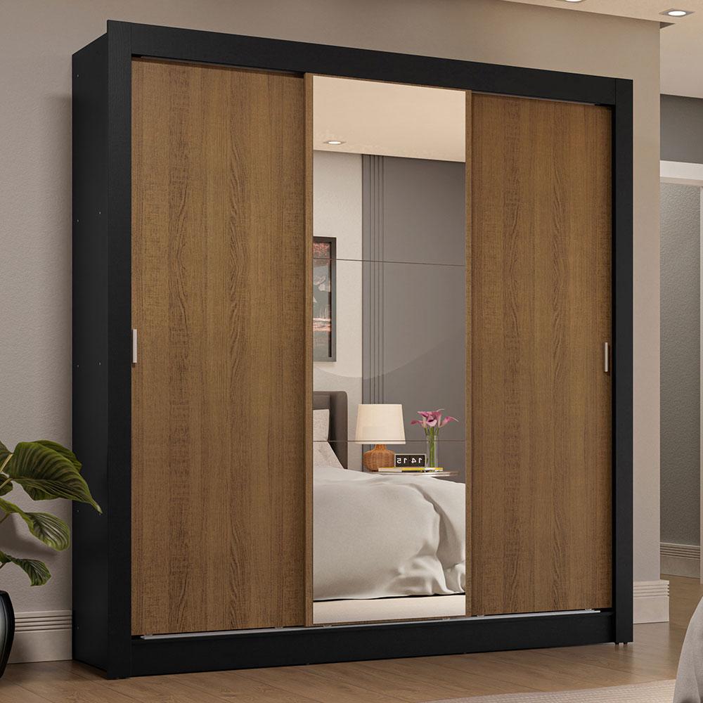 Guarda-Roupa Casal 3 Portas de Correr com Espelho 4 Gavetas Preto/Rustic Sublime Plus Madesa