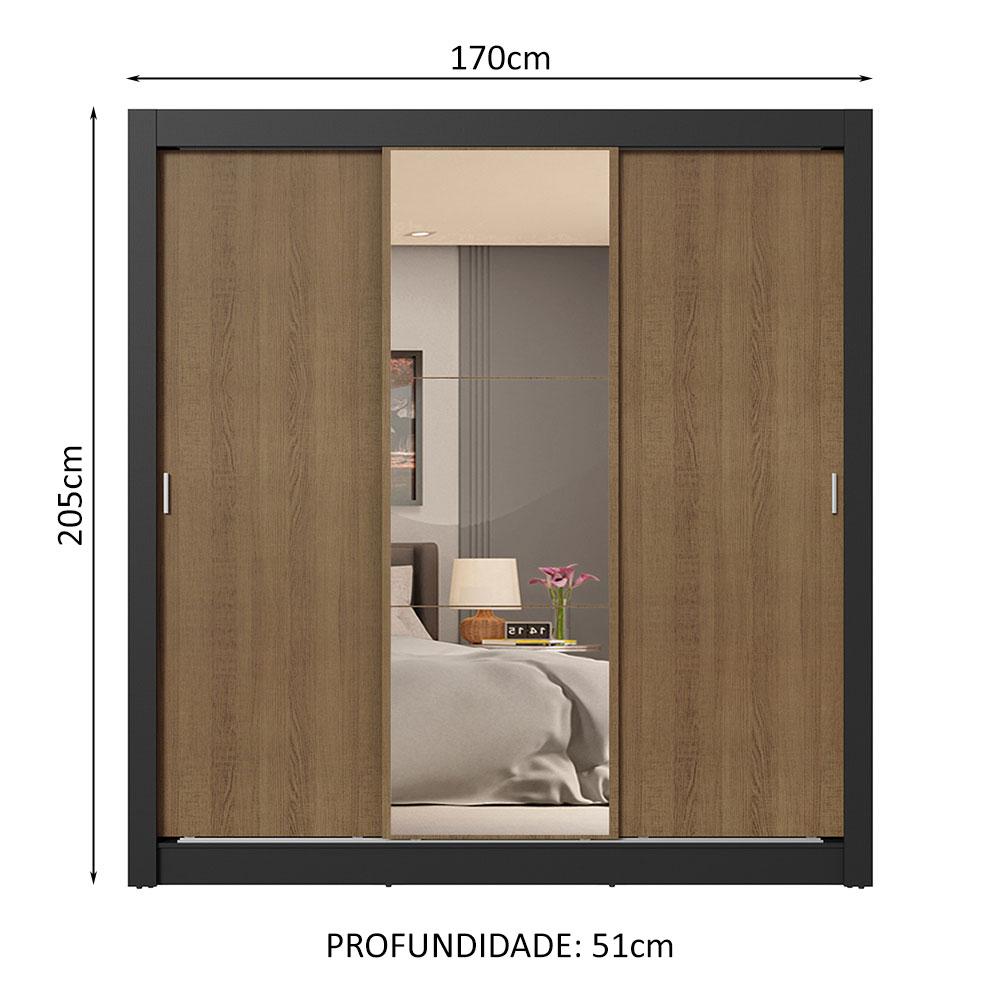 Guarda-Roupa Casal 3 Portas de Correr com Espelho 4 Gavetas Preto/Rustic Sublime Plus Madesa