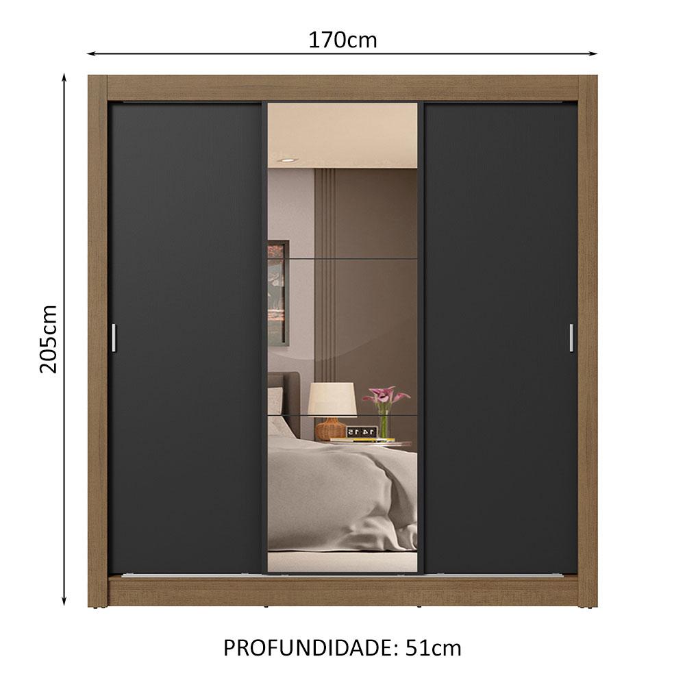 Guarda-Roupa Casal 3 Portas de Correr com Espelho 4 Gavetas Rustic/Preto Sublime Plus Madesa