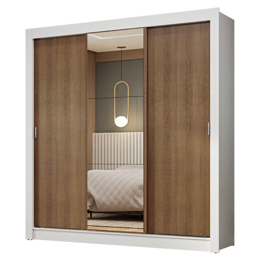 Guarda-Roupa Casal 3 Portas de Correr com Espelho Branco/Rustic Nobre Madesa