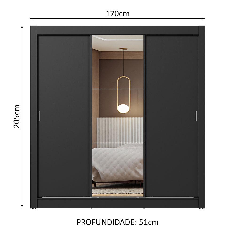 Guarda-Roupa Casal 3 Portas de Correr com Espelho Preto Nobre Madesa