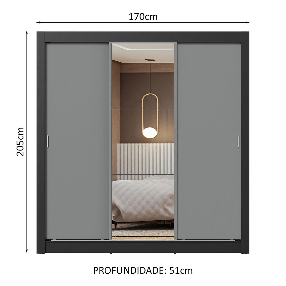 Guarda-Roupa Casal 3 Portas de Correr com Espelho Preto/Cinza Nobre Madesa