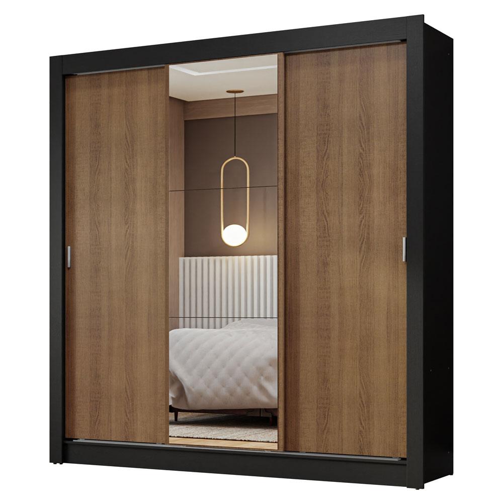 Guarda-Roupa Casal 3 Portas de Correr com Espelho Preto/Rustic Nobre Madesa