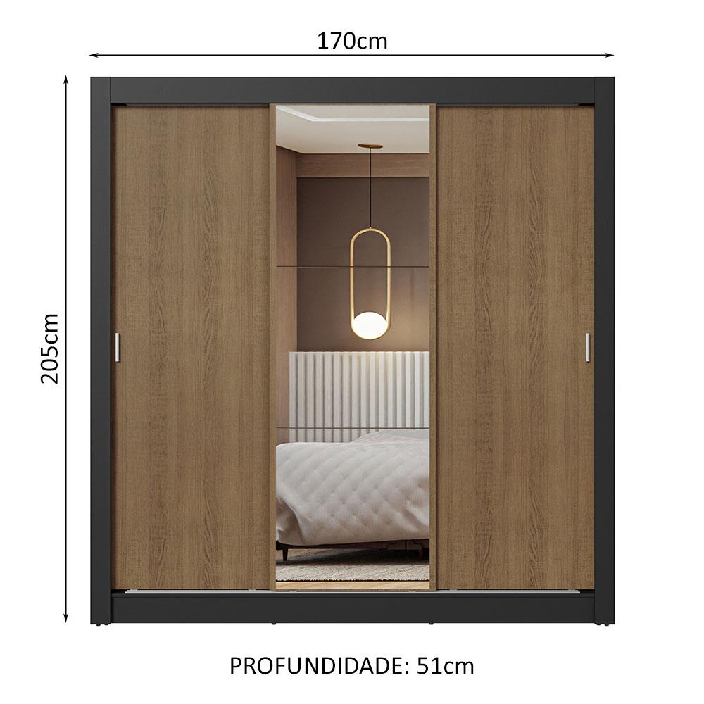 Guarda-Roupa Casal 3 Portas de Correr com Espelho Preto/Rustic Nobre Madesa