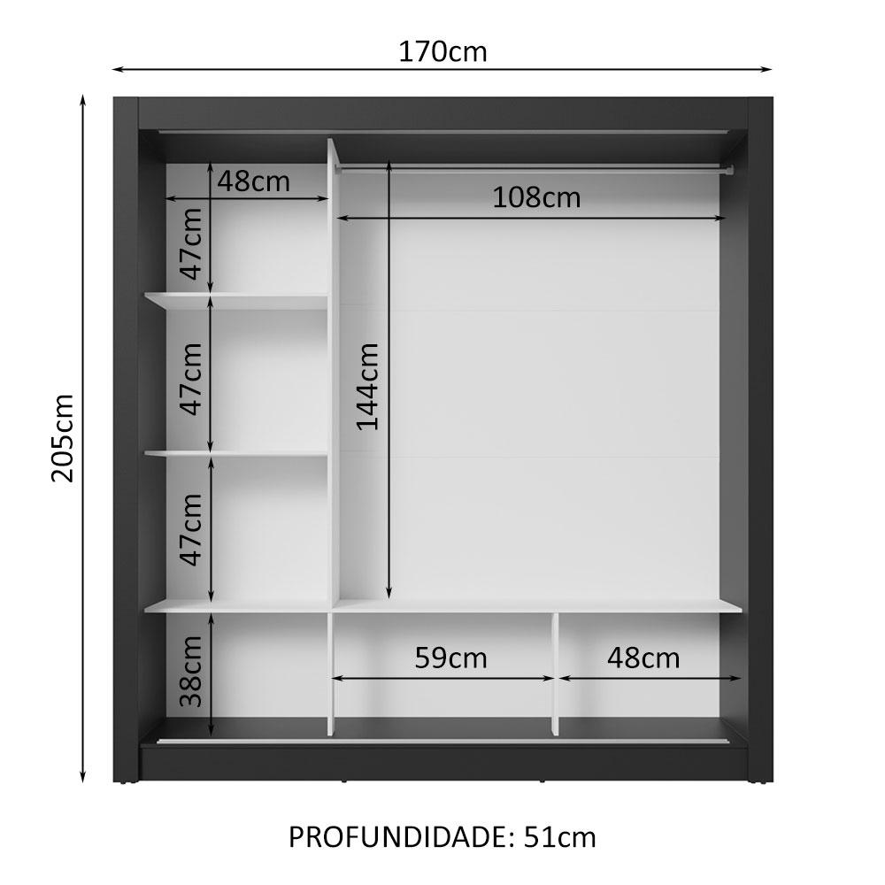 Guarda-Roupa Casal 3 Portas de Correr com Espelho Preto/Rustic Nobre Madesa