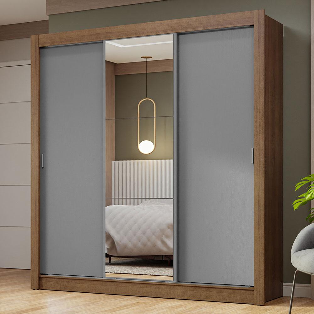 Guarda-Roupa Casal 3 Portas de Correr com Espelho Rustic/Cinza Nobre Madesa