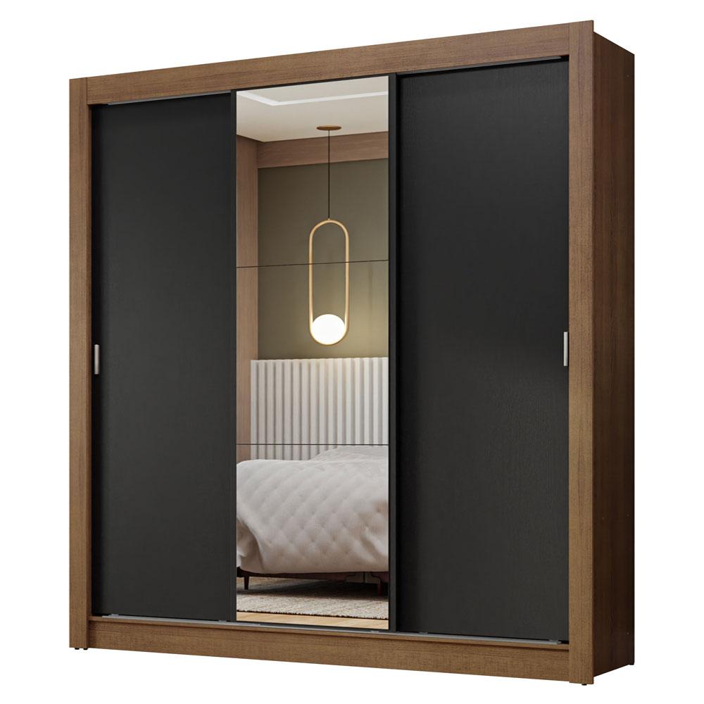 Guarda-Roupa Casal 3 Portas de Correr com Espelho Rustic/Preto Nobre Madesa