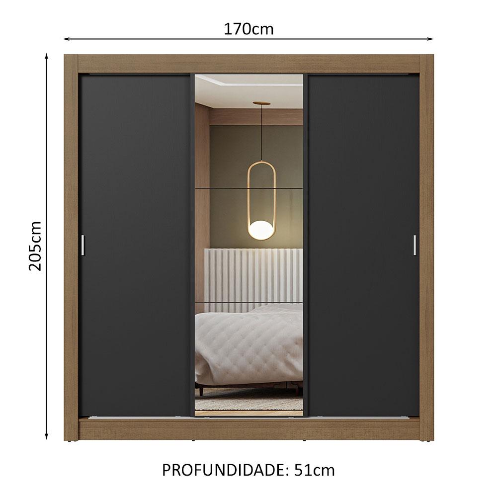 Guarda-Roupa Casal 3 Portas de Correr com Espelho Rustic/Preto Nobre Madesa