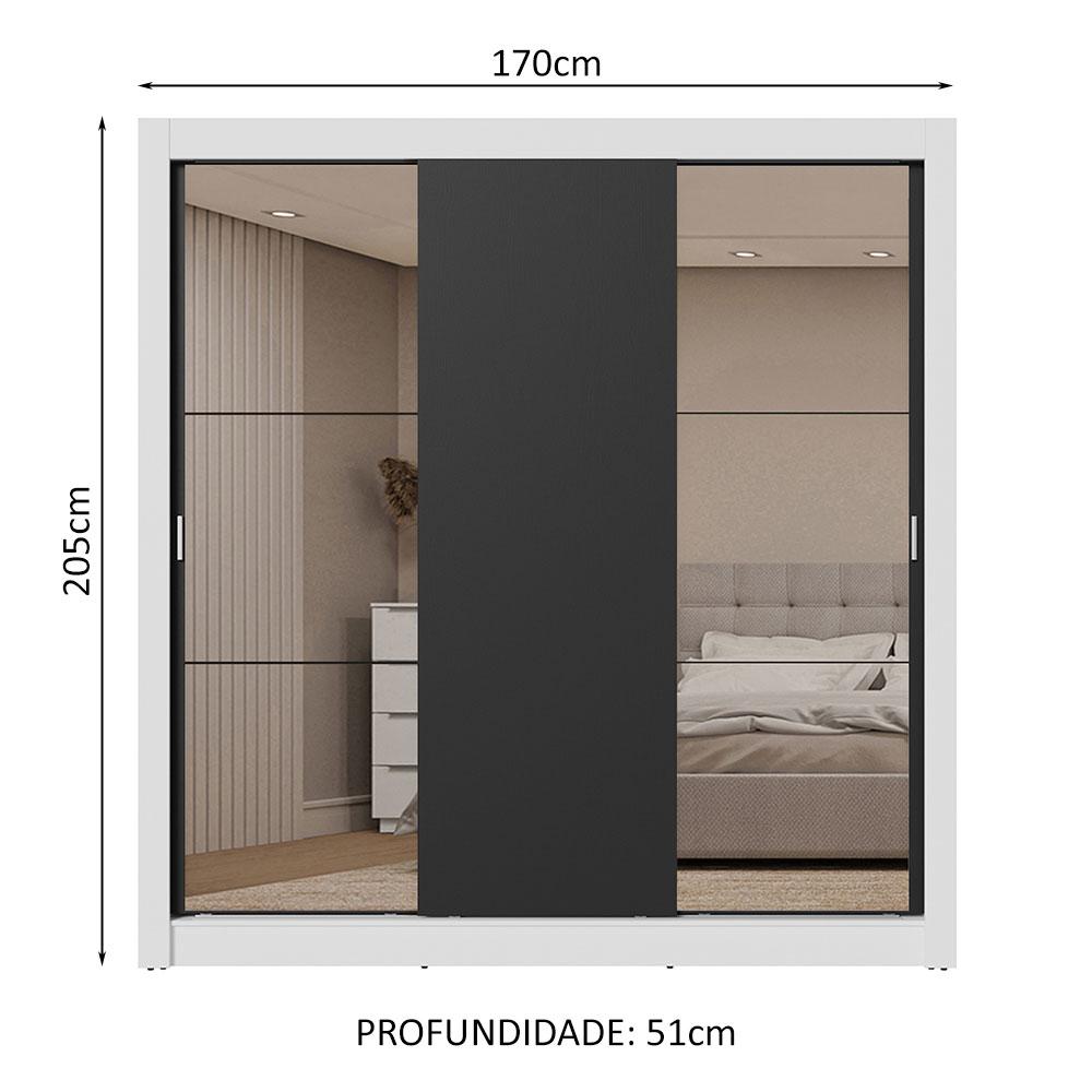 Guarda-Roupa Casal 3 Portas de Correr com Espelhos 2 Gavetas Branco/Preto Sublime Madesa