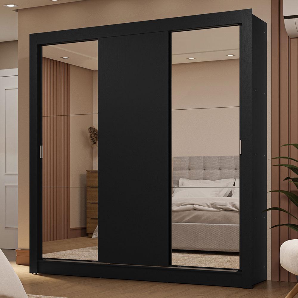 Guarda-Roupa Casal 3 Portas de Correr com Espelhos 2 Gavetas Preto Sublime Madesa